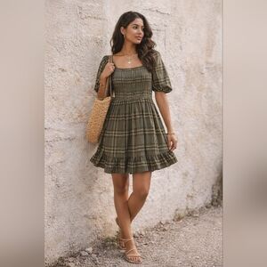 Elegant Green Plaid Mini Dress Baby Doll